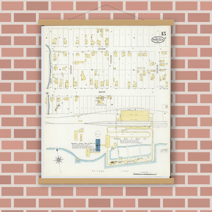 Old map wall art mockup — magnetic wood frame on brick wall — Sanborn Fire Insurance Map from Hancock, Houghton County, Michigan (1907), Sheet #0015