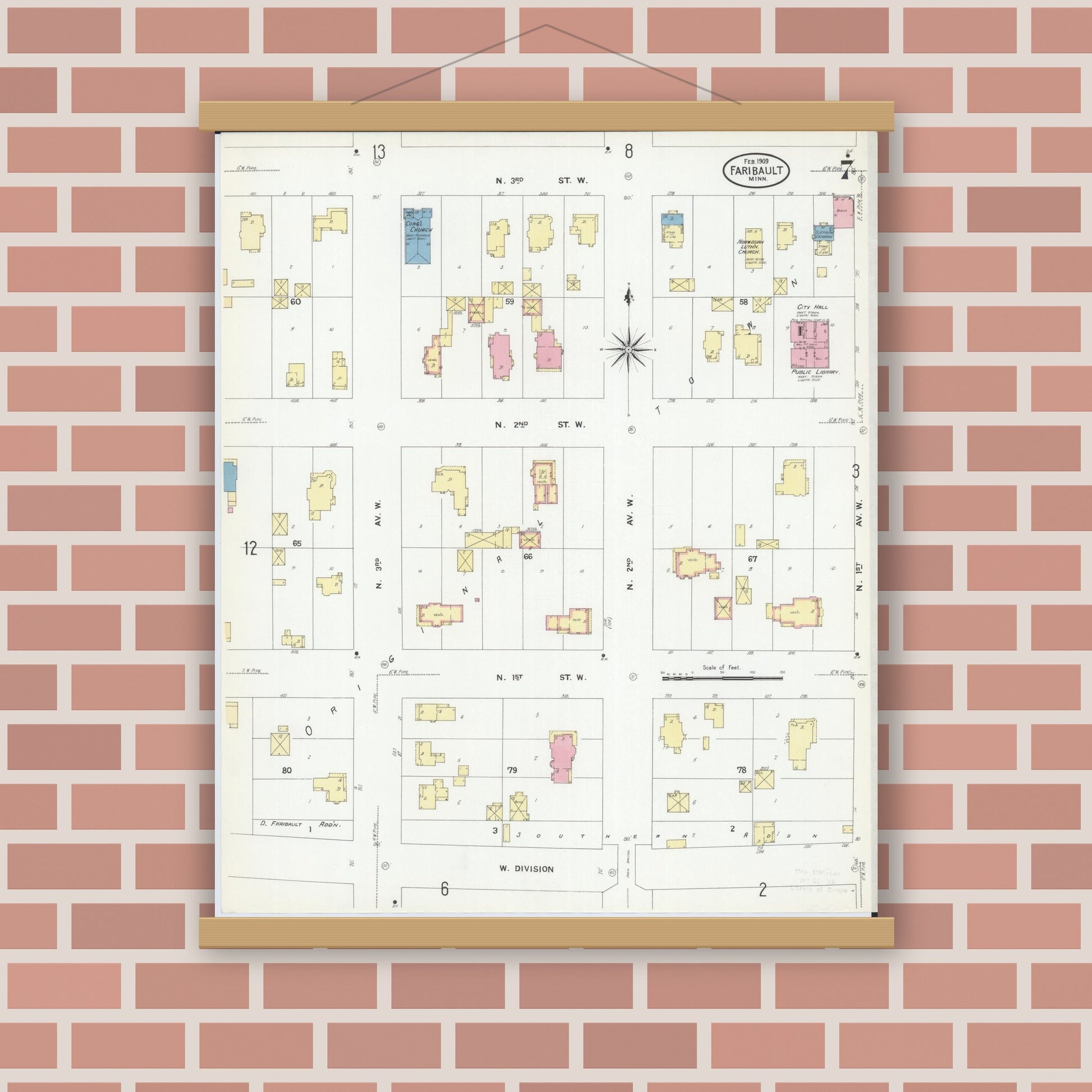 Old map wall art mockup — magnetic wood frame on brick wall — Sanborn Fire Insurance Map from Faribault, Rice County, Minnesota (1909), Sheet #0007