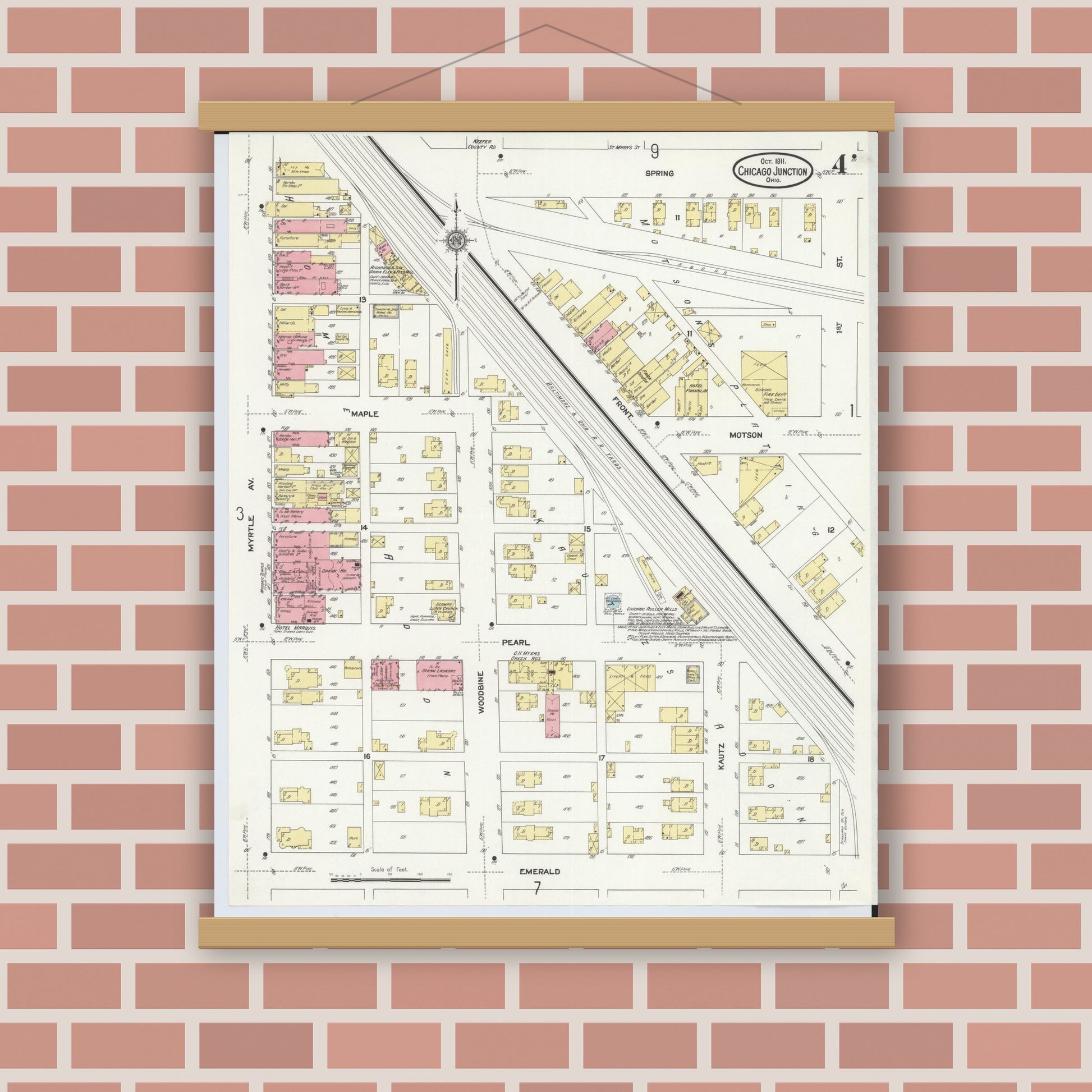 Old map wall art mockup — magnetic wood frame on brick wall — Sanborn Fire Insurance Map from Chicago Junction, Huron County, Ohio (1911), Sheet #0004