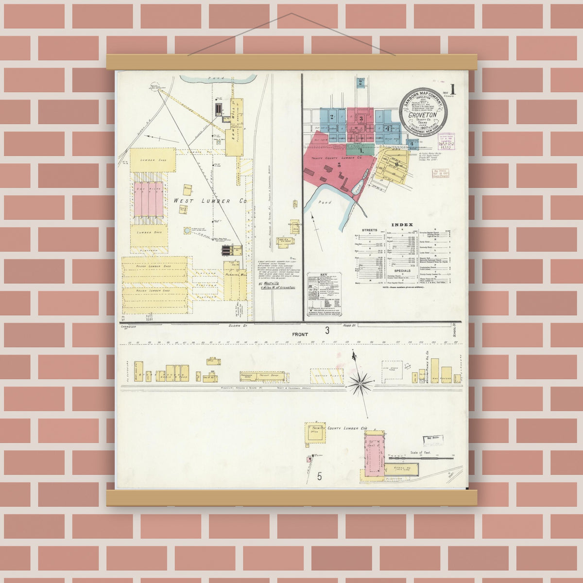 Old map wall art mockup — magnetic wood frame on brick wall — Sanborn Fire Insurance Map from Groveton, Trinity County, Texas (1907), Sheet #0001
