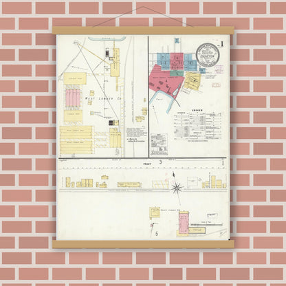 Old map wall art mockup — magnetic wood frame on brick wall — Sanborn Fire Insurance Map from Groveton, Trinity County, Texas (1907), Sheet #0001