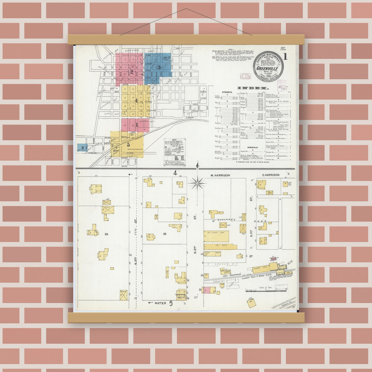 Old map wall art mockup — magnetic wood frame on brick wall — Sanborn Fire Insurance Map from Greenville, Bond County, Illinois (1906), Sheet #0001