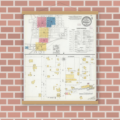 Old map wall art mockup — magnetic wood frame on brick wall — Sanborn Fire Insurance Map from Greenville, Bond County, Illinois (1906), Sheet #0001