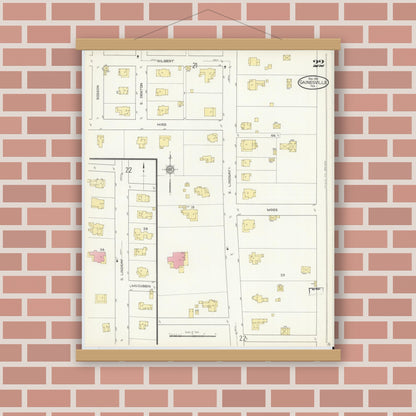 Old map wall art mockup — magnetic wood frame on brick wall — Sanborn Fire Insurance Map from Gainesville, Cooke County, Texas (1913), Sheet #0022