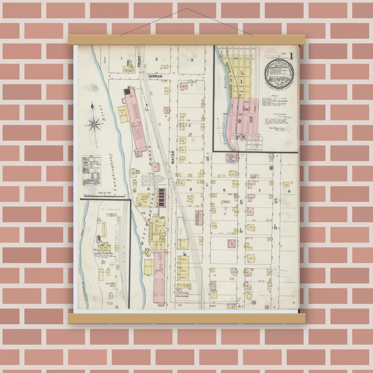 Old map wall art mockup — magnetic wood frame on brick wall — Sanborn Fire Insurance Map from West Newton, Westmoreland County, Pennsylvania (1899), Sheet #0001