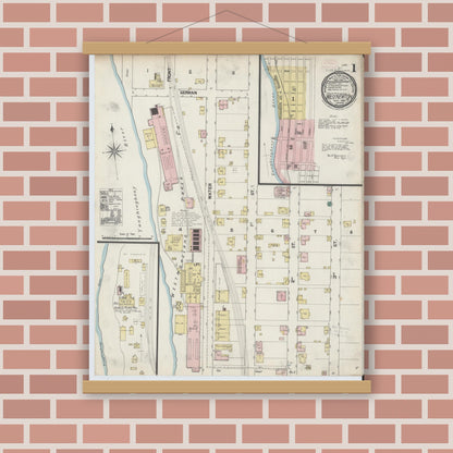Old map wall art mockup — magnetic wood frame on brick wall — Sanborn Fire Insurance Map from West Newton, Westmoreland County, Pennsylvania (1899), Sheet #0001
