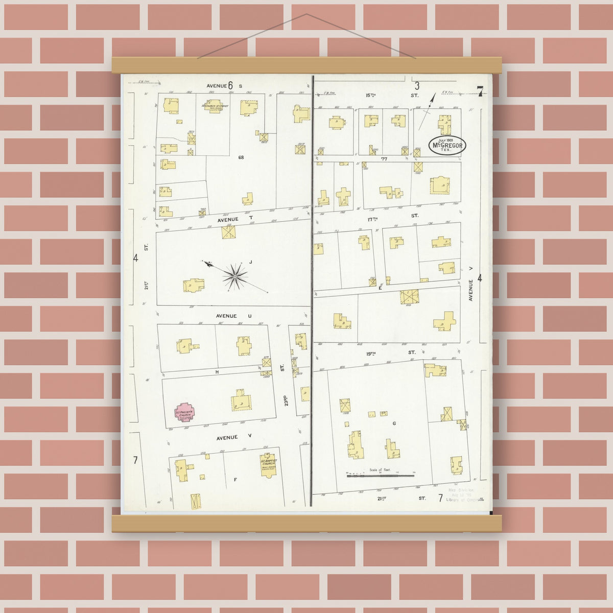 Old map wall art mockup — magnetic wood frame on brick wall — Sanborn Fire Insurance Map from McGregor, McLennan County, Texas (1909), Sheet #0007