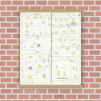 Old map wall art mockup — magnetic wood frame on brick wall — Sanborn Fire Insurance Map from McGregor, McLennan County, Texas (1909), Sheet #0007