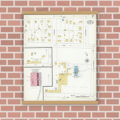 Old map wall art mockup — magnetic wood frame on brick wall — Sanborn Fire Insurance Map from Batavia, Kane County, Illinois (1907), Sheet #0007