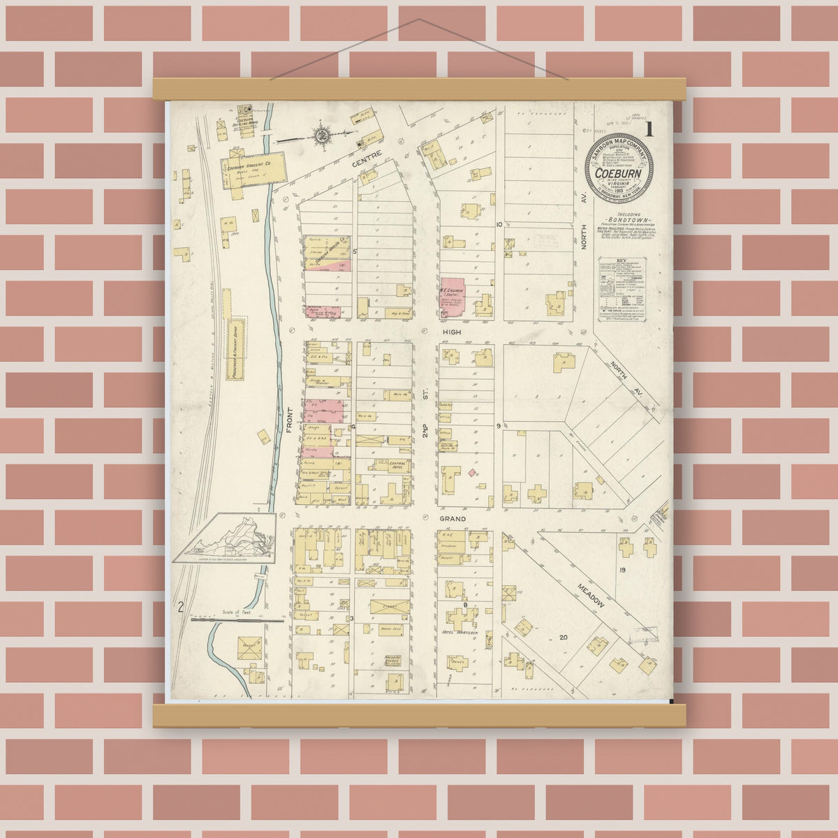 Old map wall art mockup — magnetic wood frame on brick wall — Sanborn Fire Insurance Map from Coeburn, Wise County, Virginia (1913) - Complete Map Set