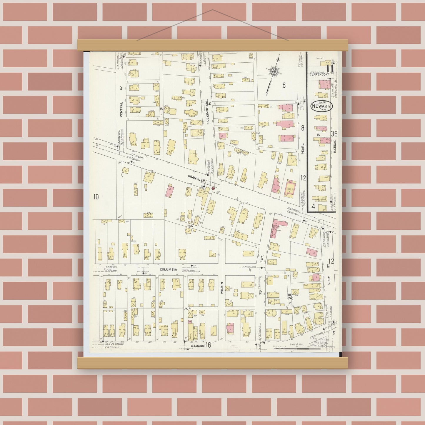 Old map wall art mockup — magnetic wood frame on brick wall — Sanborn Fire Insurance Map from Newark, Licking County, Ohio (1912), Sheet #0011