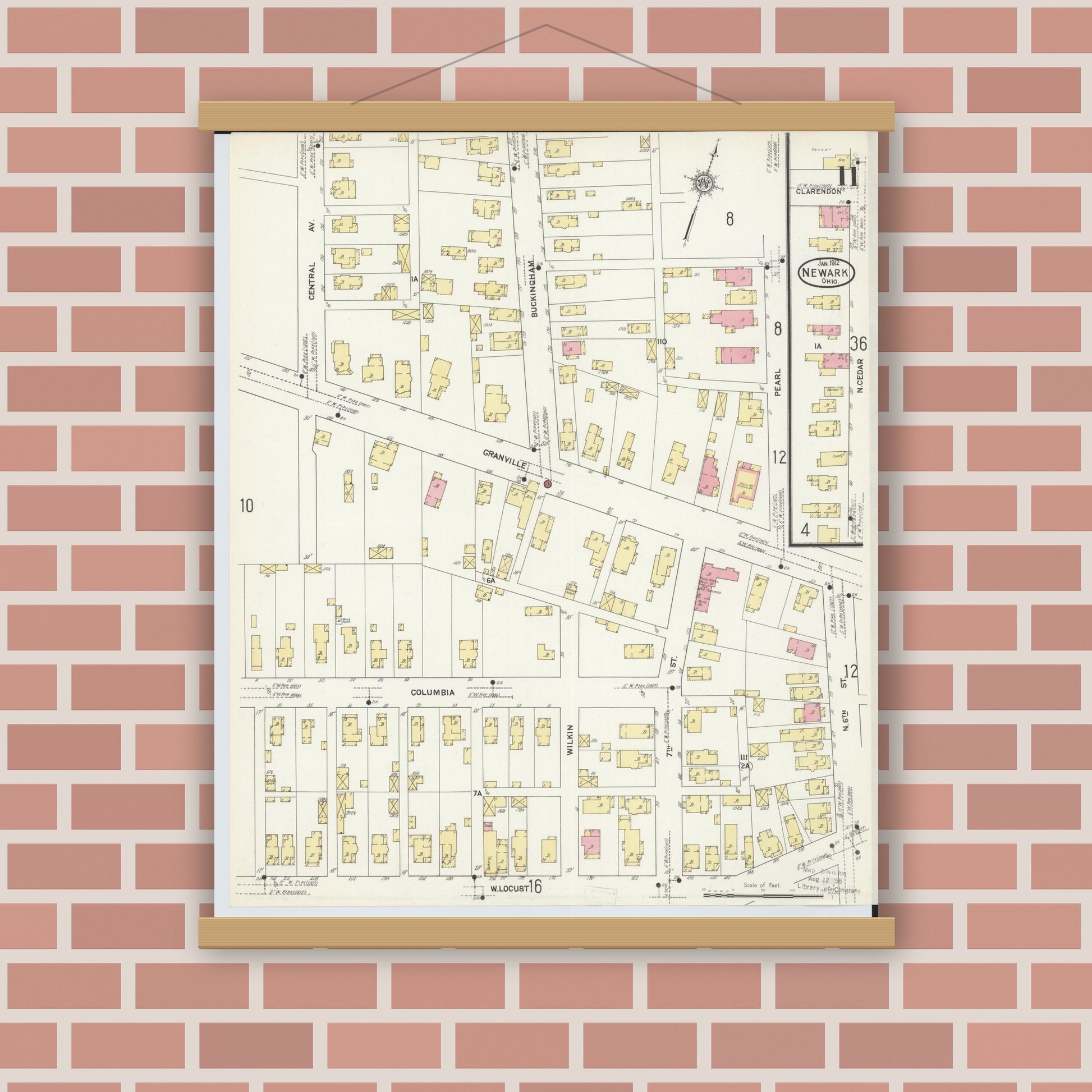Old map wall art mockup — magnetic wood frame on brick wall — Sanborn Fire Insurance Map from Newark, Licking County, Ohio (1912), Sheet #0011