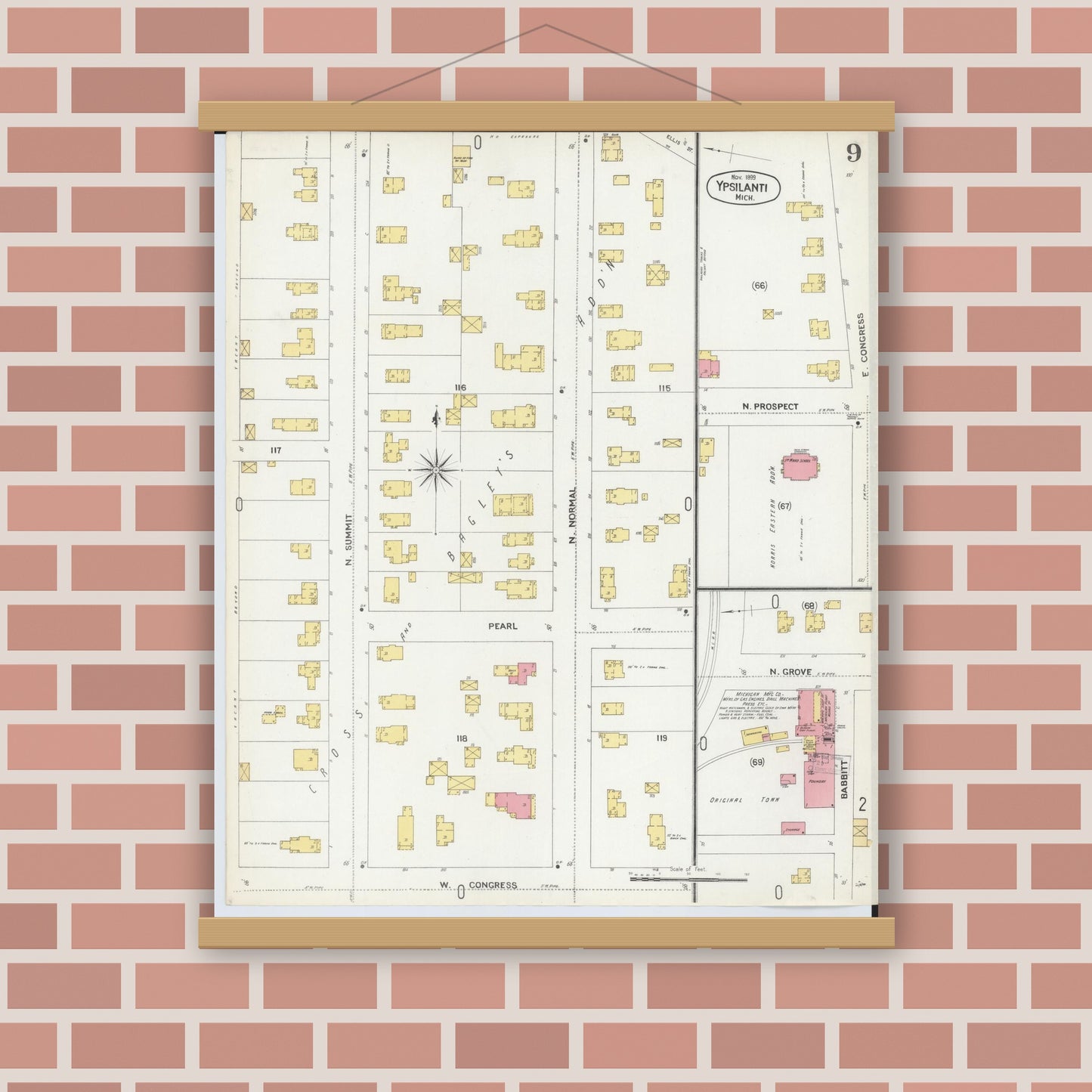 Old map wall art mockup — magnetic wood frame on brick wall — Sanborn Fire Insurance Map from Ypsilanti, Washtenaw County, Michigan (1899), Sheet #0009