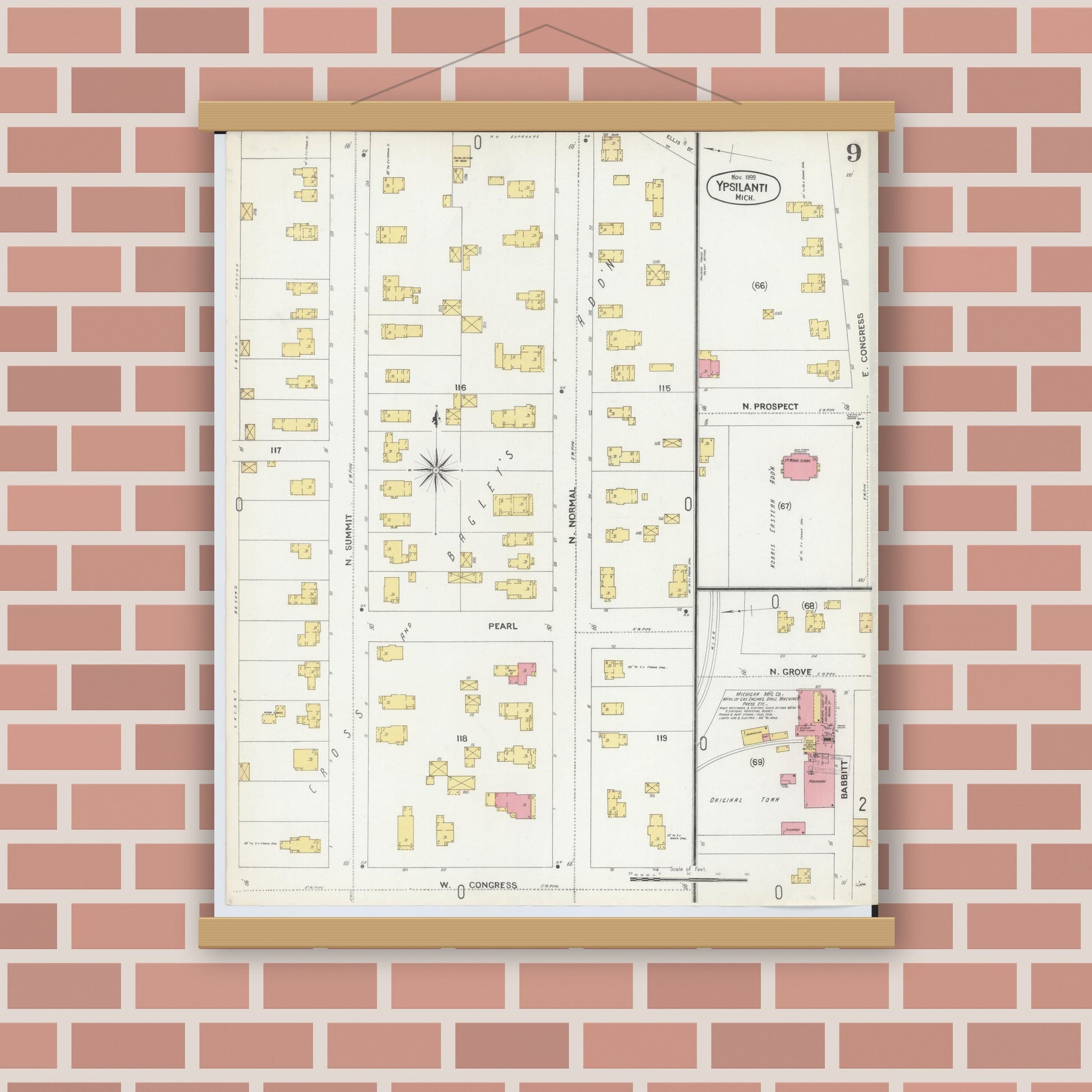 Old map wall art mockup — magnetic wood frame on brick wall — Sanborn Fire Insurance Map from Ypsilanti, Washtenaw County, Michigan (1899), Sheet #0009