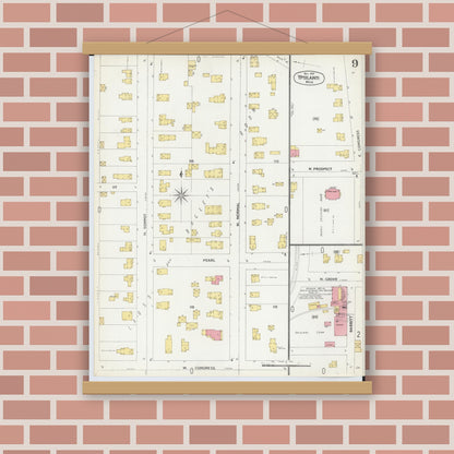 Old map wall art mockup — magnetic wood frame on brick wall — Sanborn Fire Insurance Map from Ypsilanti, Washtenaw County, Michigan (1899), Sheet #0009