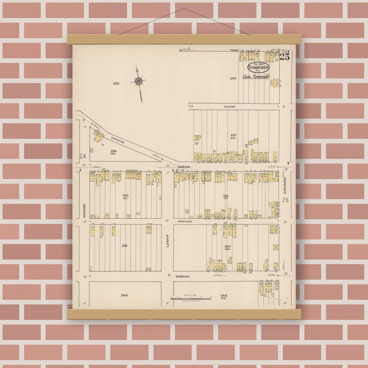 Old map wall art mockup — magnetic wood frame on brick wall — Sanborn Fire Insurance Map from Shamokin, Northumberland County, Pennsylvania (1922), Sheet #0025