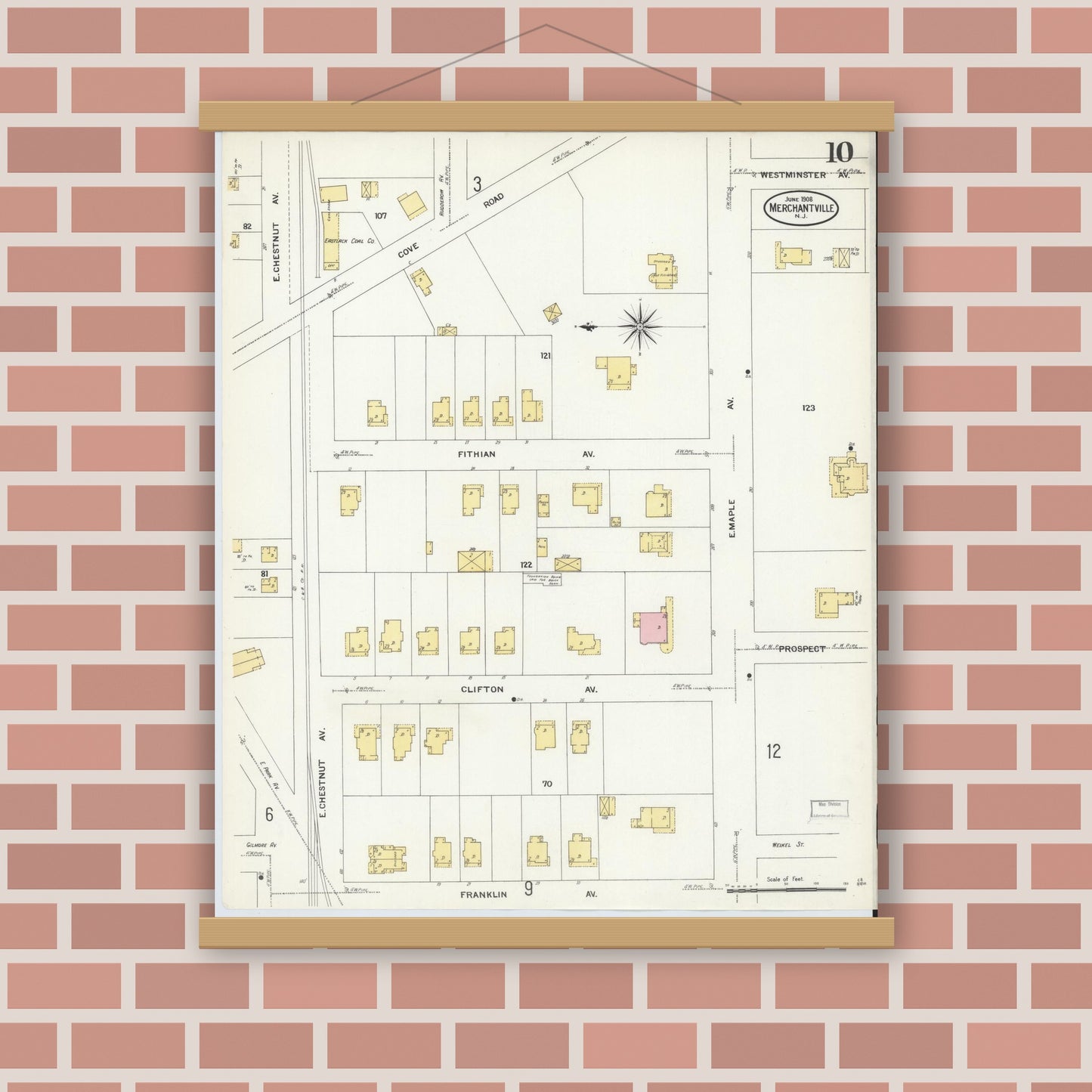 Old map wall art mockup — magnetic wood frame on brick wall — Sanborn Fire Insurance Map from Merchantville, Camden County, New Jersey (1908), Sheet #0010