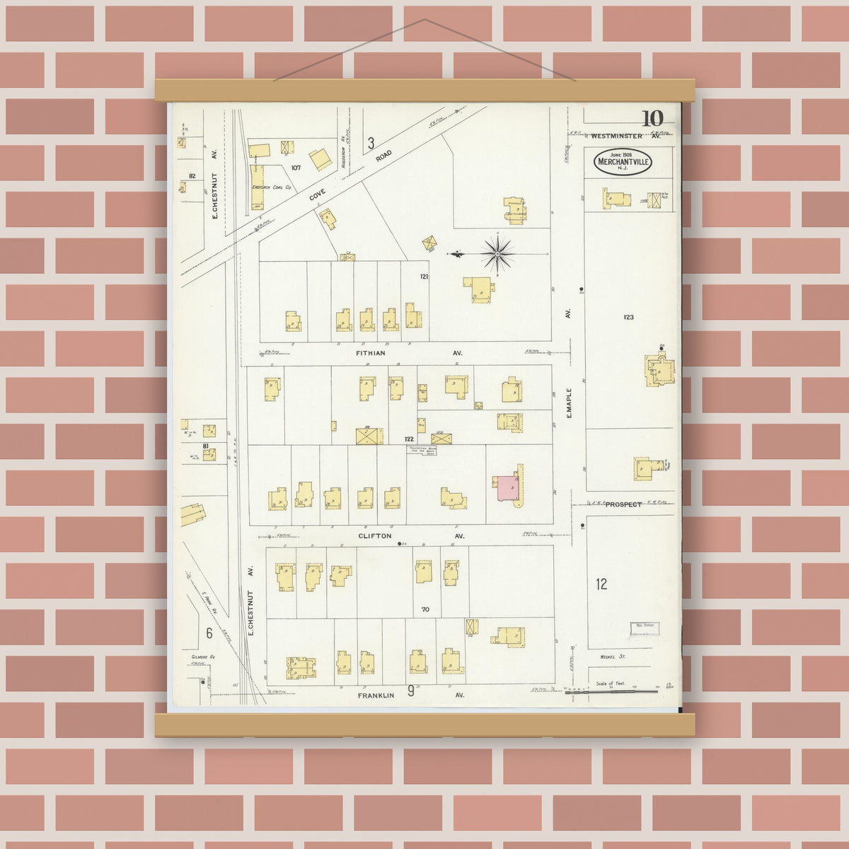Old map wall art mockup — magnetic wood frame on brick wall — Sanborn Fire Insurance Map from Merchantville, Camden County, New Jersey (1908), Sheet #0010