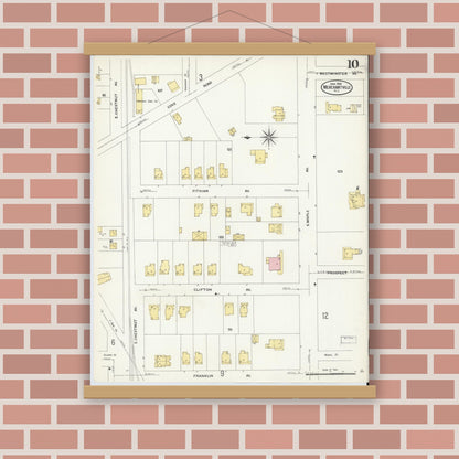 Old map wall art mockup — magnetic wood frame on brick wall — Sanborn Fire Insurance Map from Merchantville, Camden County, New Jersey (1908), Sheet #0010