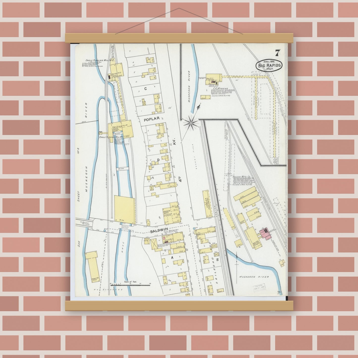 Old map wall art mockup — magnetic wood frame on brick wall — Sanborn Fire Insurance Map from Big Rapids, Mecosta County, Michigan (1892), Sheet #0007