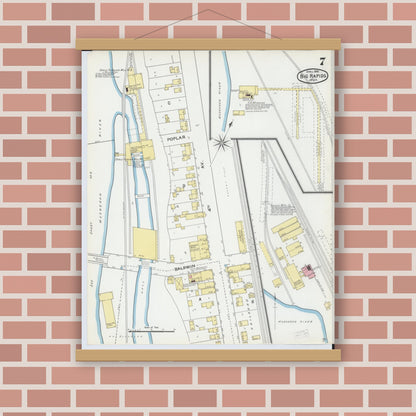 Old map wall art mockup — magnetic wood frame on brick wall — Sanborn Fire Insurance Map from Big Rapids, Mecosta County, Michigan (1892), Sheet #0007