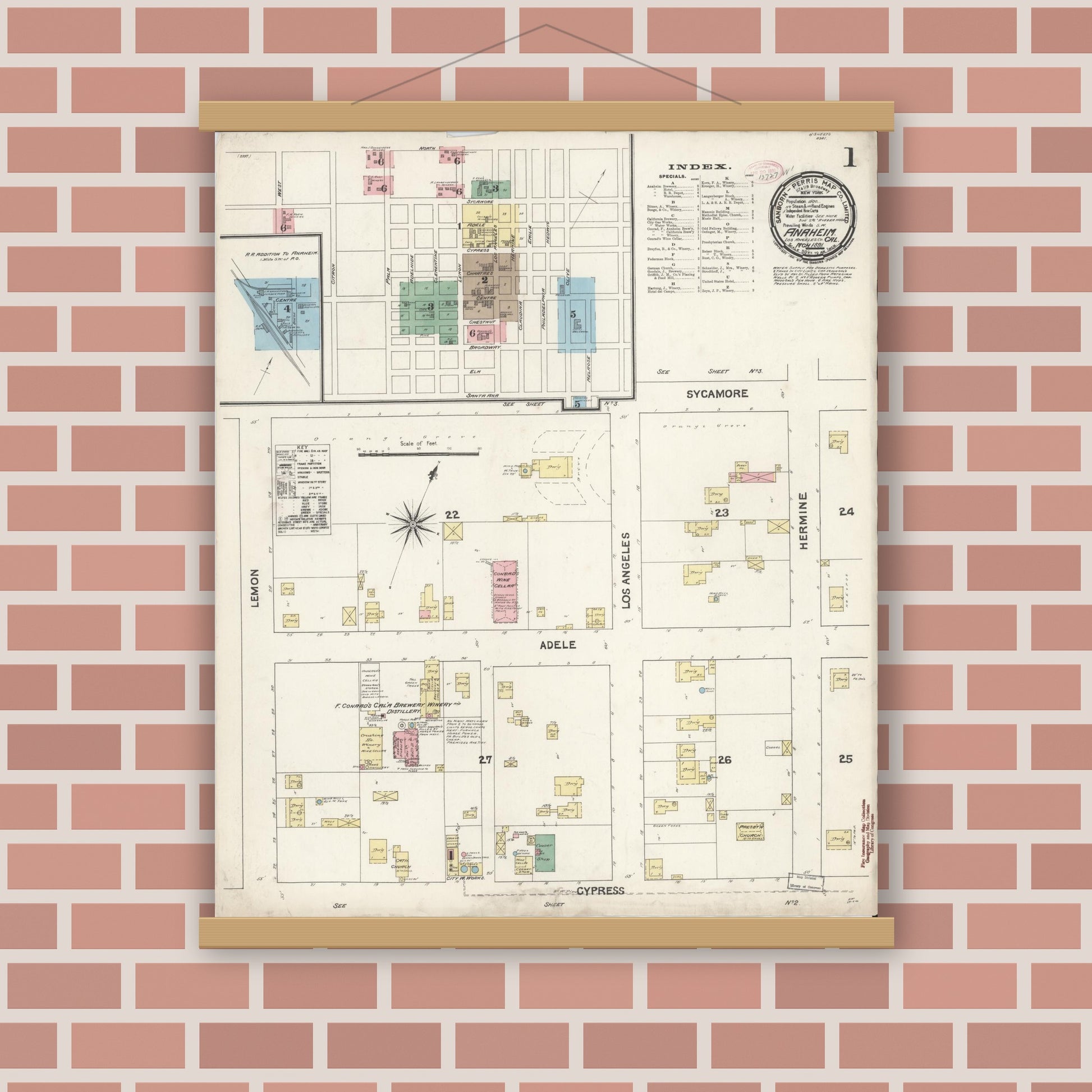 Old map wall art mockup — magnetic wood frame on brick wall — Sanborn Fire Insurance Map from Anaheim, Orange County, California (1891), Sheet #0001