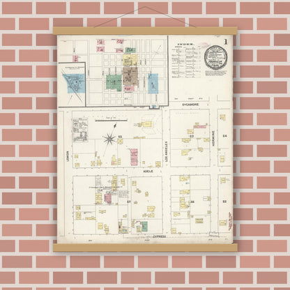 Old map wall art mockup — magnetic wood frame on brick wall — Sanborn Fire Insurance Map from Anaheim, Orange County, California (1891), Sheet #0001