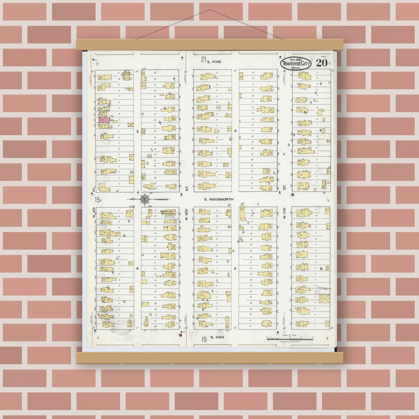 Old map wall art mockup — magnetic wood frame on brick wall — Sanborn Fire Insurance Map from Traverse City, Grand Traverse County, Michigan (1920), Sheet #0020