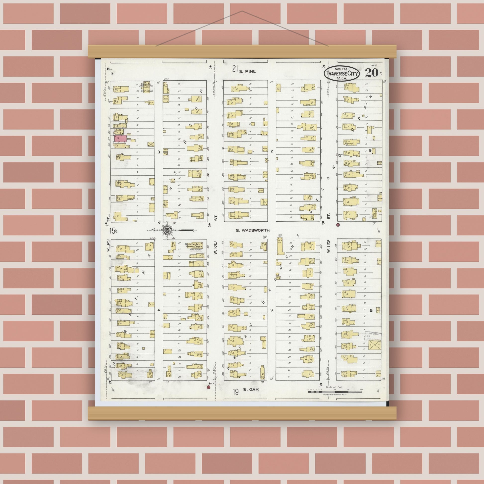 Old map wall art mockup — magnetic wood frame on brick wall — Sanborn Fire Insurance Map from Traverse City, Grand Traverse County, Michigan (1920), Sheet #0020