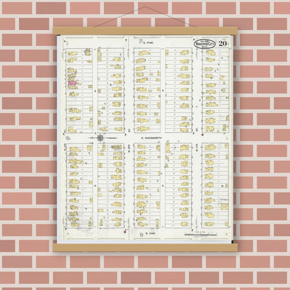 Old map wall art mockup — magnetic wood frame on brick wall — Sanborn Fire Insurance Map from Traverse City, Grand Traverse County, Michigan (1920), Sheet #0020