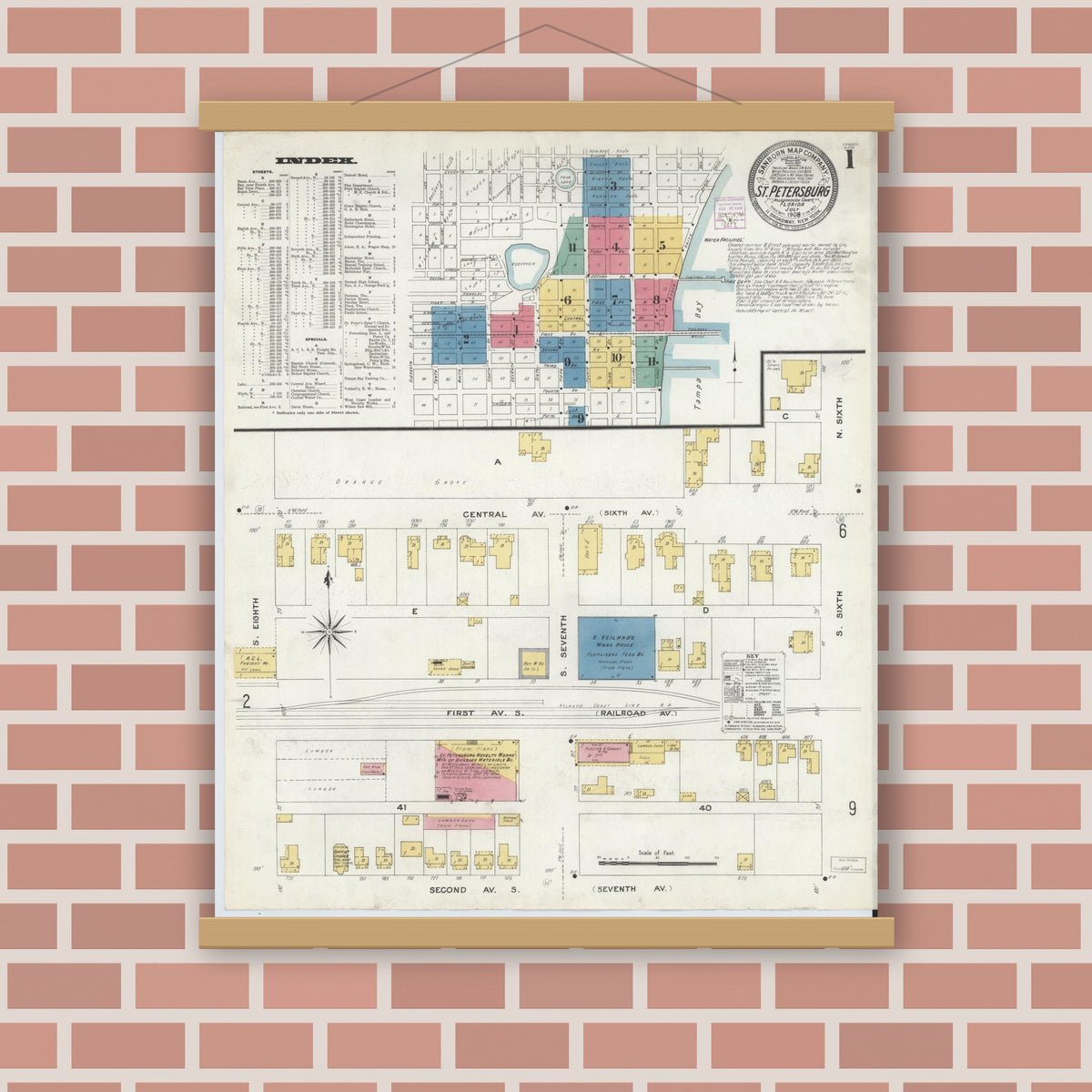 Old map wall art mockup — magnetic wood frame on brick wall — Sanborn Fire Insurance Map from Saint Petersburg, Pinellas County, Florida (1908) - Complete Map Set