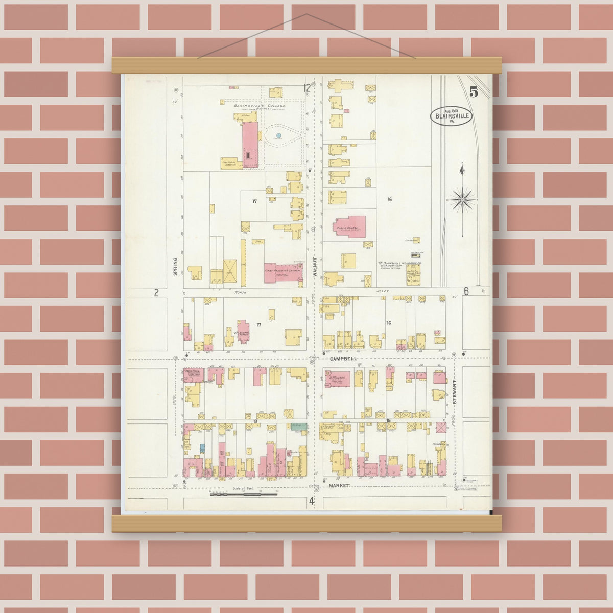 Old map wall art mockup — magnetic wood frame on brick wall — Sanborn Fire Insurance Map from Blairsville, Indiana County, Pennsylvania (1903), Sheet #0005