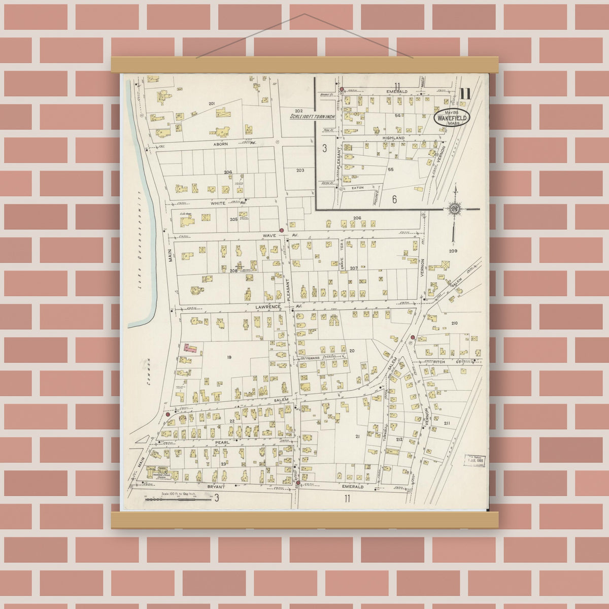 Old map wall art mockup — magnetic wood frame on brick wall — Sanborn Fire Insurance Map from Wakefield, Middlesex County, Massachusetts (1915), Sheet #0011