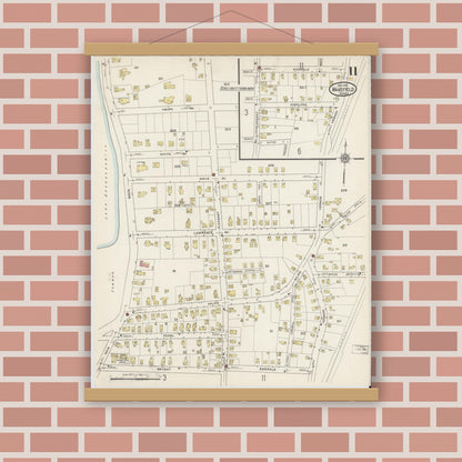 Old map wall art mockup — magnetic wood frame on brick wall — Sanborn Fire Insurance Map from Wakefield, Middlesex County, Massachusetts (1915), Sheet #0011