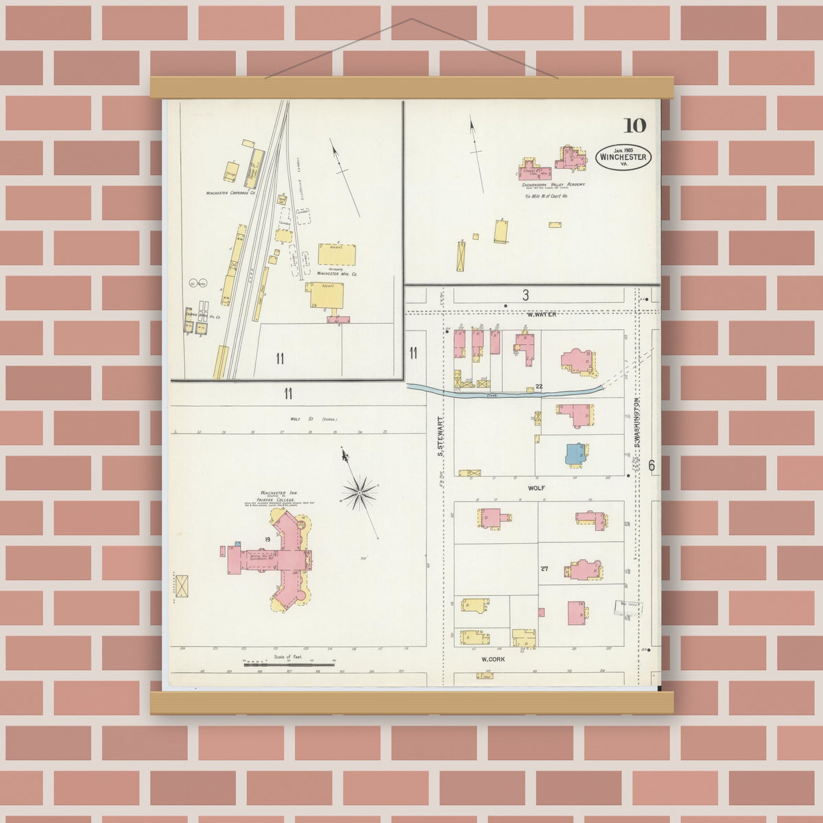 Old map wall art mockup — magnetic wood frame on brick wall — Sanborn Fire Insurance Map from Winchester, Independent Cities, Virginia (1903), Sheet #0010