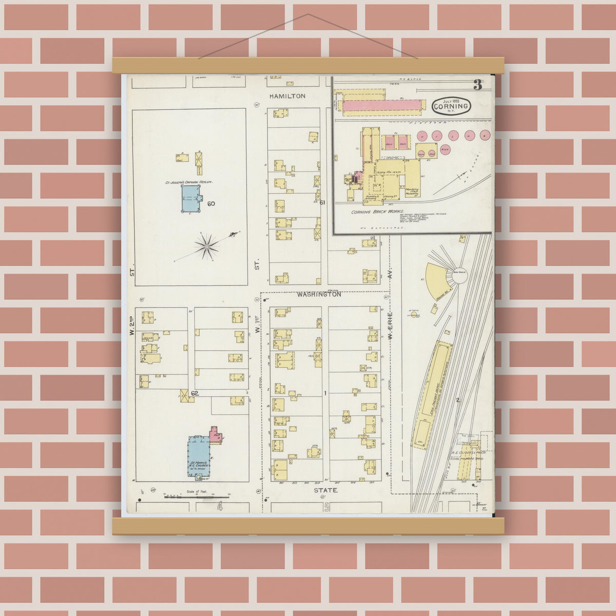 Old map wall art mockup — magnetic wood frame on brick wall — Sanborn Fire Insurance Map from Corning, Steuben County, New York (1893), Sheet #0003