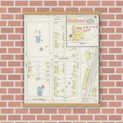 Old map wall art mockup — magnetic wood frame on brick wall — Sanborn Fire Insurance Map from Corning, Steuben County, New York (1893), Sheet #0003