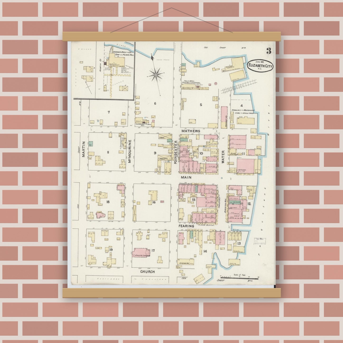 Old map wall art mockup — magnetic wood frame on brick wall — Sanborn Fire Insurance Map from Elizabeth City, Pasquotank County, North Carolina (1891), Sheet #0003