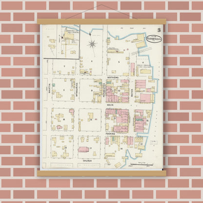 Old map wall art mockup — magnetic wood frame on brick wall — Sanborn Fire Insurance Map from Elizabeth City, Pasquotank County, North Carolina (1891), Sheet #0003