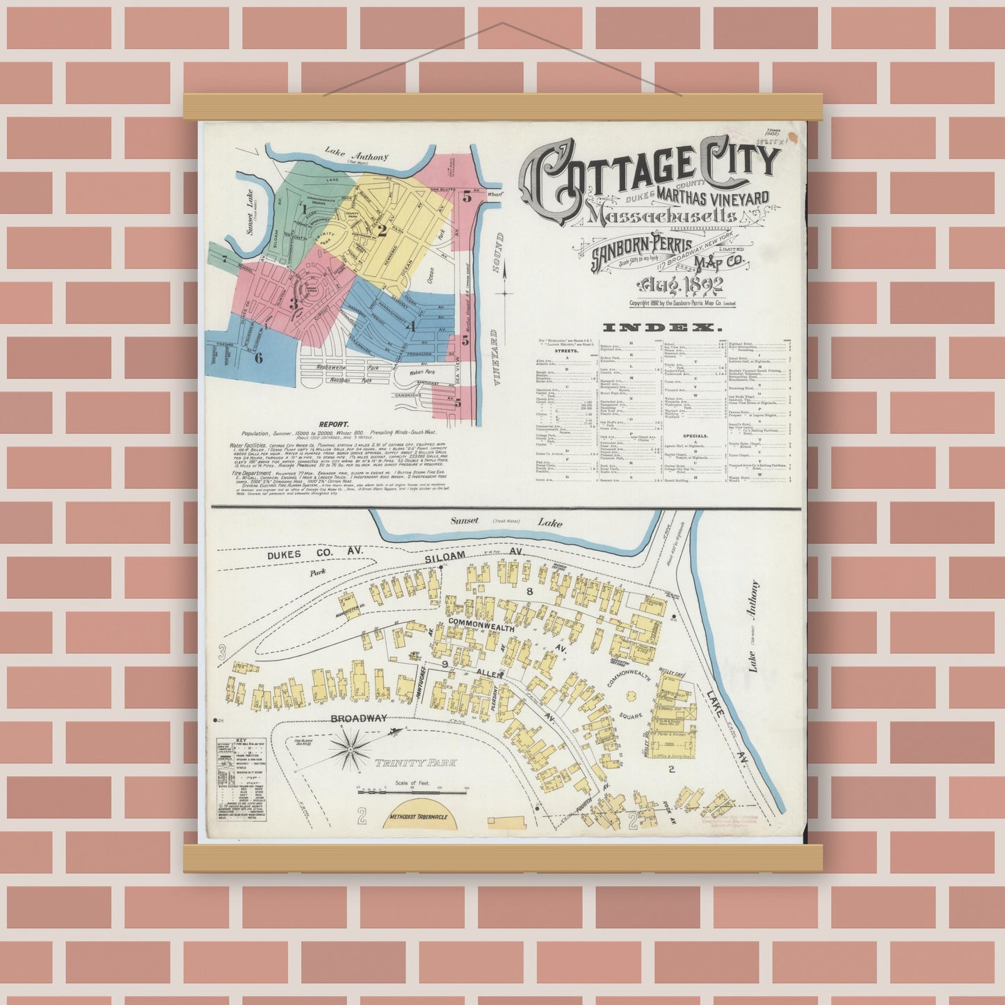 Old map wall art mockup — magnetic wood frame on brick wall — Sanborn Fire Insurance Map from Cottage City, Dukes County, Massachusetts (1892), Sheet #0001