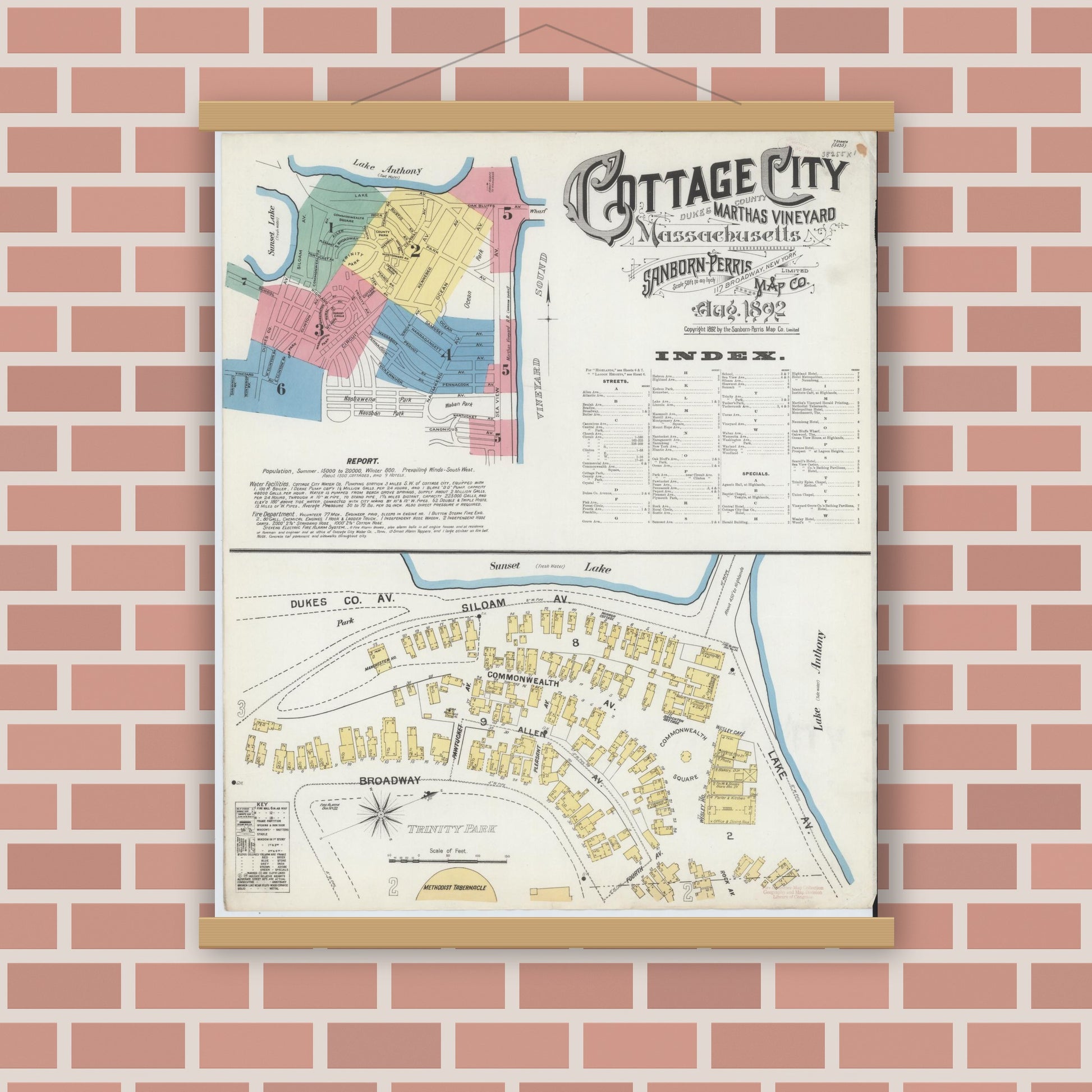 Old map wall art mockup — magnetic wood frame on brick wall — Sanborn Fire Insurance Map from Cottage City, Dukes County, Massachusetts (1892), Sheet #0001