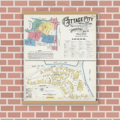 Old map wall art mockup — magnetic wood frame on brick wall — Sanborn Fire Insurance Map from Cottage City, Dukes County, Massachusetts (1892), Sheet #0001