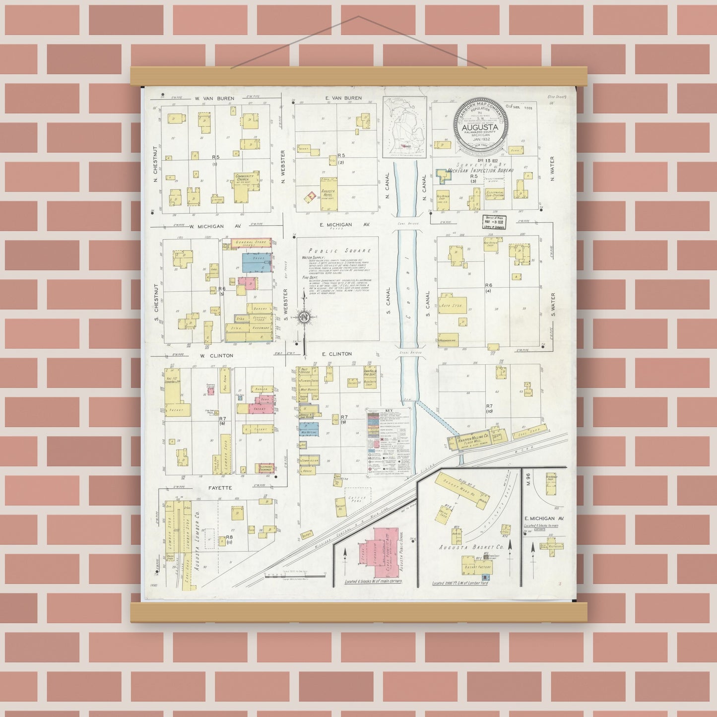 Old map wall art mockup — magnetic wood frame on brick wall — Sanborn Fire Insurance Map from Augusta, Kalamazoo County, Michigan (1932), Sheet #0001
