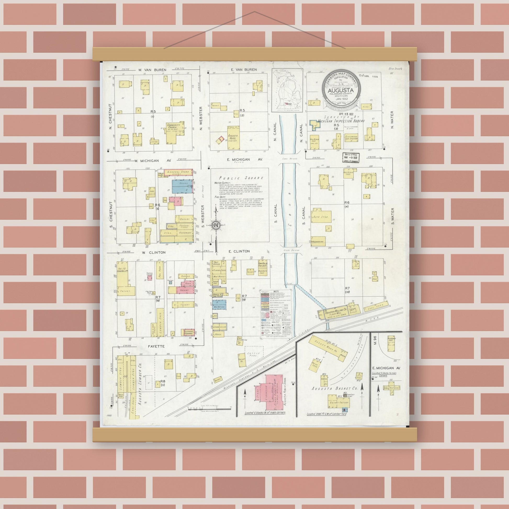 Old map wall art mockup — magnetic wood frame on brick wall — Sanborn Fire Insurance Map from Augusta, Kalamazoo County, Michigan (1932), Sheet #0001