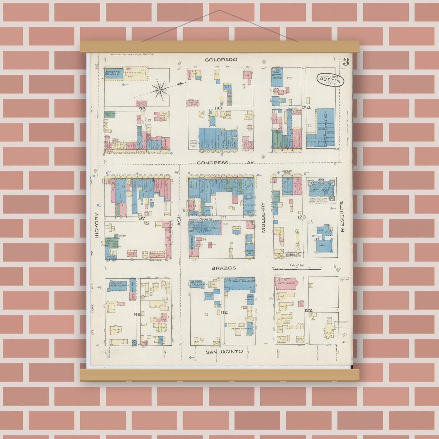 Old map wall art mockup — magnetic wood frame on brick wall — Sanborn Fire Insurance Map from Austin, Travis County, Texas (1885), Sheet #0003