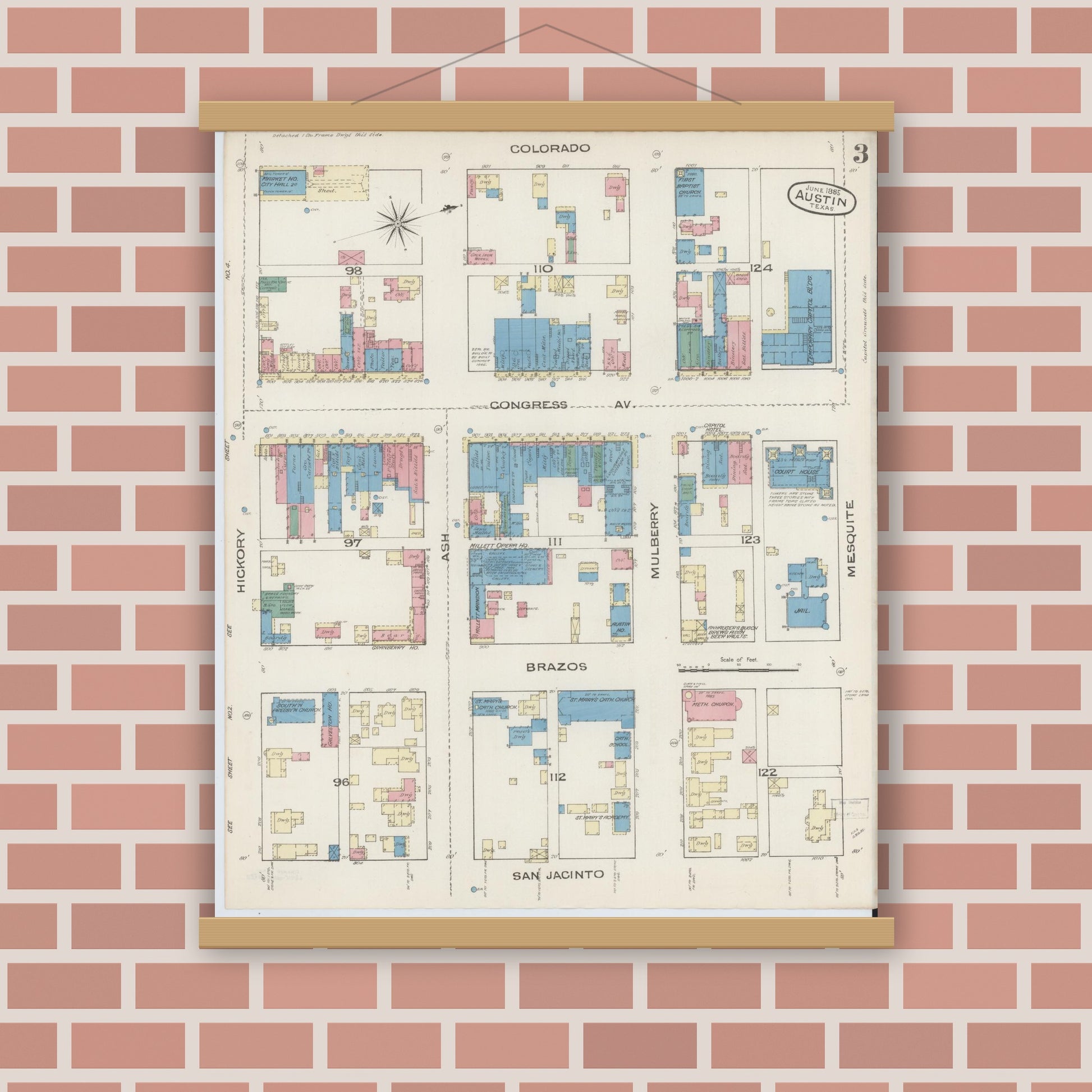 Old map wall art mockup — magnetic wood frame on brick wall — Sanborn Fire Insurance Map from Austin, Travis County, Texas (1885), Sheet #0003