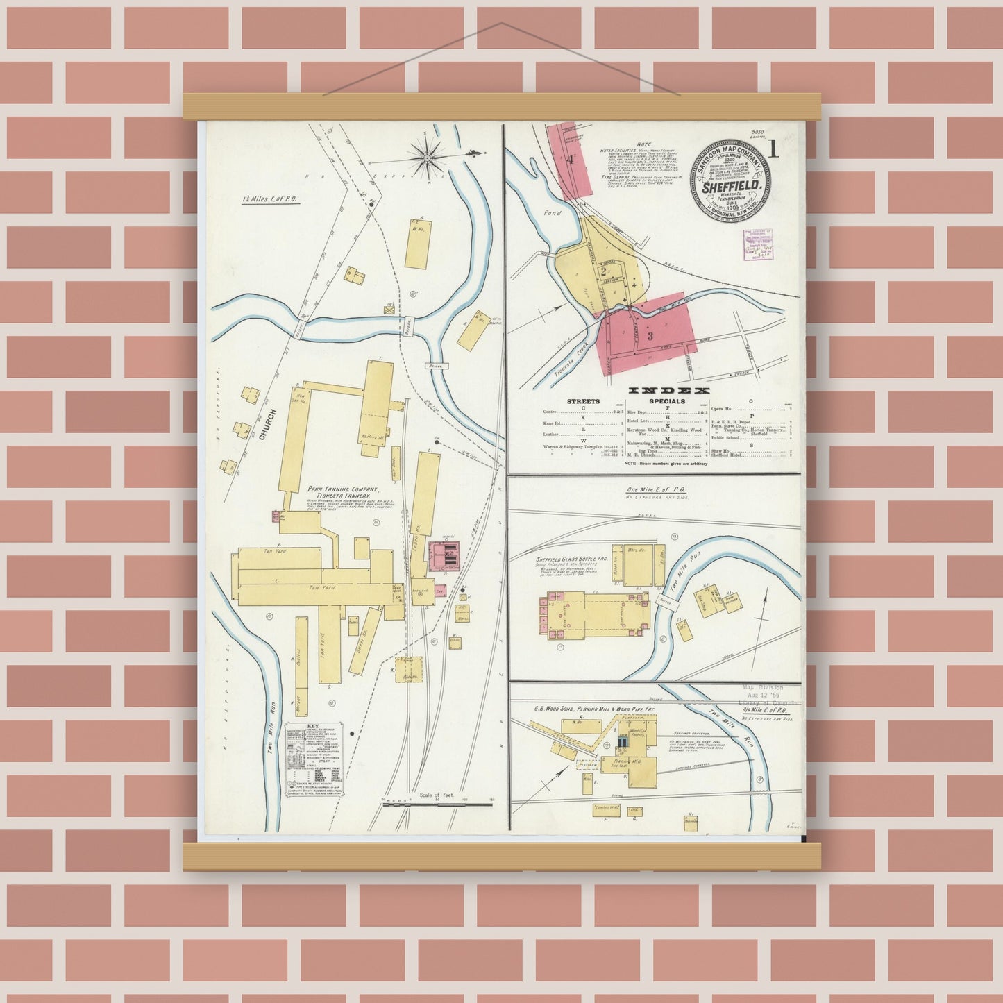 Old map wall art mockup — magnetic wood frame on brick wall — Sanborn Fire Insurance Map from Sheffield, Warren County, Pennsylvania (1905) - Complete Map Set