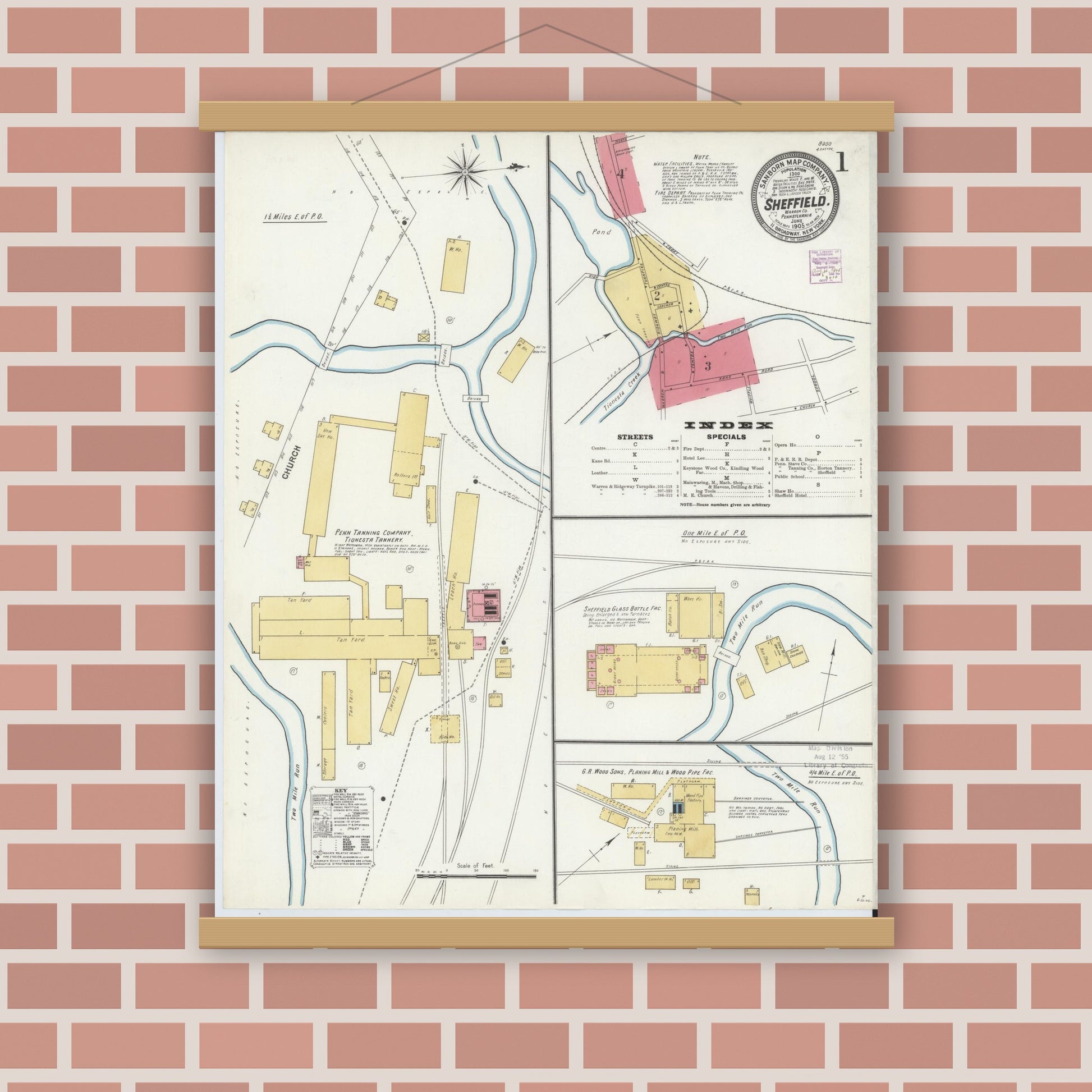 Old map wall art mockup — magnetic wood frame on brick wall — Sanborn Fire Insurance Map from Sheffield, Warren County, Pennsylvania (1905) - Complete Map Set