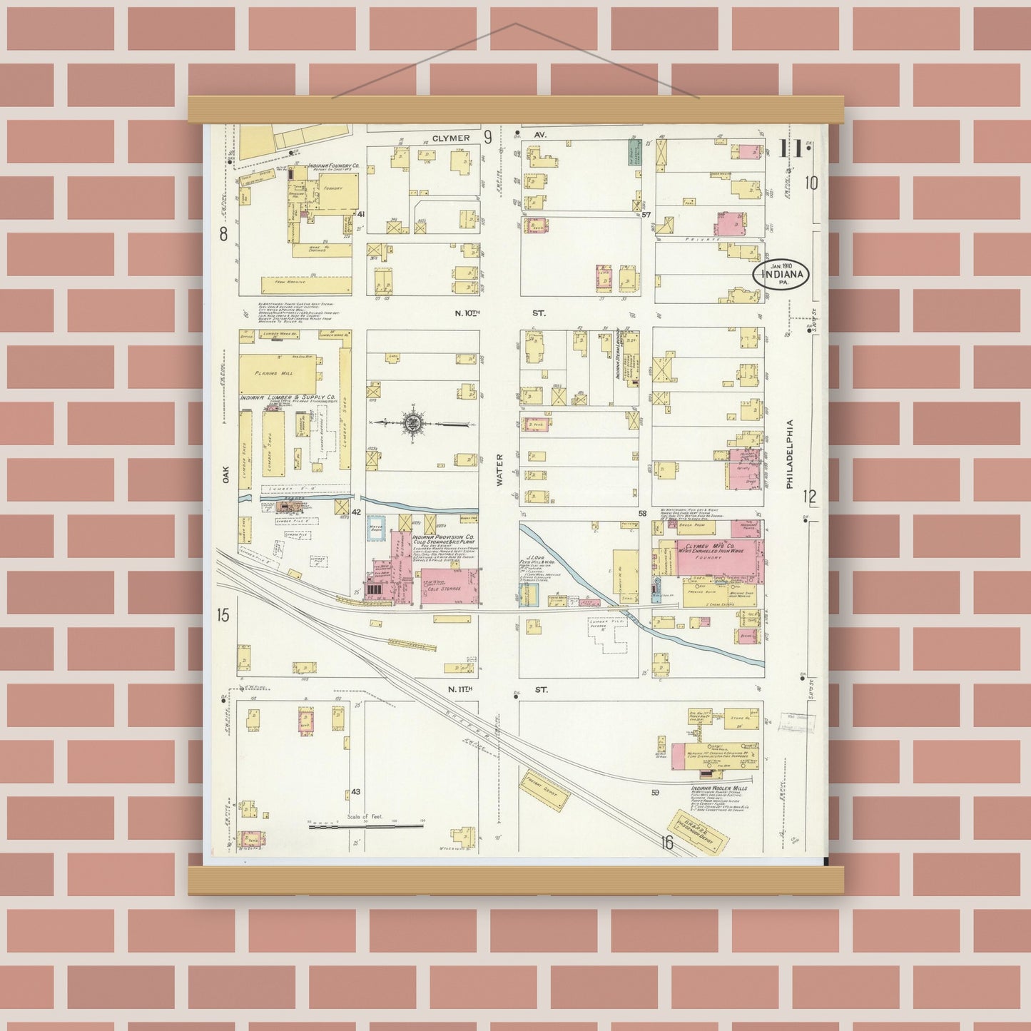 Old map wall art mockup — magnetic wood frame on brick wall — Sanborn Fire Insurance Map from Indiana, Indiana County, Pennsylvania (1910), Sheet #0011