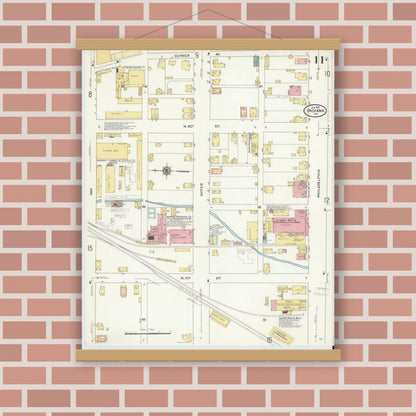 Old map wall art mockup — magnetic wood frame on brick wall — Sanborn Fire Insurance Map from Indiana, Indiana County, Pennsylvania (1910), Sheet #0011
